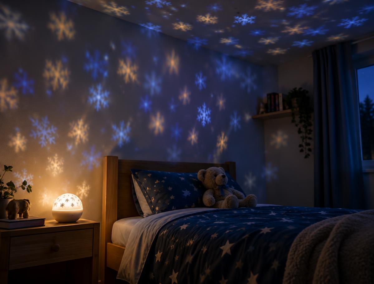 Soft snowflake patterns projected on a child's bedroom ceiling at bedtime
