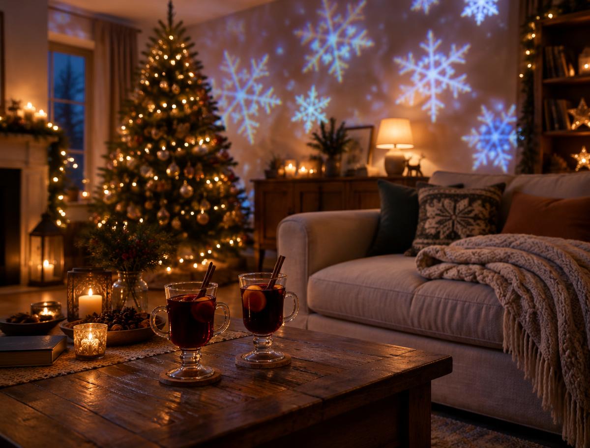 Snowflake patterns projected across a living room wall during an evening gathering
